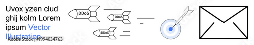 Cybersecurity, DDoS prevention, email security, online threats, cyber defense, data protection. Multiple DDoS missiles targeting a shield. Cybersecurity and DDoS prevention concept
