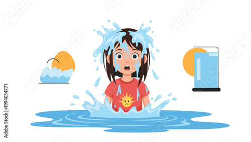 Surprised cartoon illustration of a young girl with water splashing around her and on her face, alongside abstract elements, conveying a playful yet startled moment.