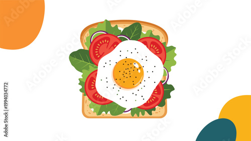 Appetizing cartoon illustration of a healthy open-faced sandwich featuring a perfectly fried egg, fresh lettuce, sliced tomatoes, and red onions on toasted bread.