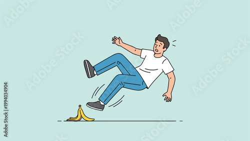 Humorous cartoon illustration of a man comically slipping on a banana peel, depicting an unexpected accident and the classic slapstick comedic scenario.
