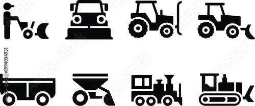 Collection of snow removal equipment illustrations featuring various machinery and tools for efficient winter clearance operations, vector illustration showing snowplows, blowers, shovels, 