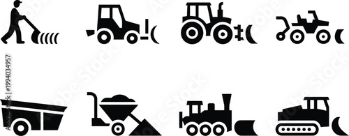 Collection of snow removal equipment illustrations featuring various machinery and tools for efficient winter clearance operations, vector illustration showing snowplows, blowers, shovels, 