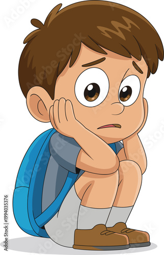 Sad school boy sitting with backpack worried expression loneliness childhood emotion cartoon illustration concept