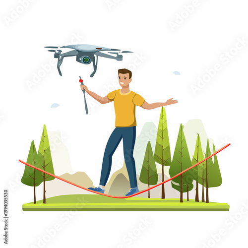 Man balancing on tightrope while drone flies overhead illustration