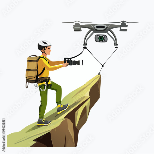 Adventure photographer using a tethered drone on a cliff edge vector