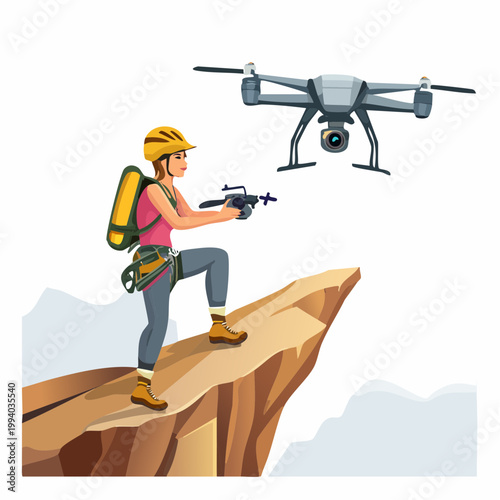 Female mountain climber operating professional drone on cliff edge