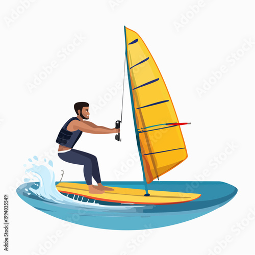 Athletic Man Windsurfing on a Yellow Board Vector Illustration