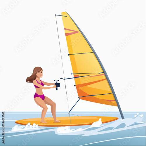 Young woman windsurfing on blue sea waves vector illustration