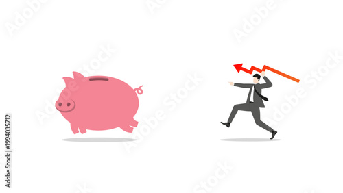 Businessman Hunting Pink Piggy Bank with Red Downward Trend Arrow Spear Representing Financial Loss Economic Crisis Investment Risk Inflation and Negative Savings Performance