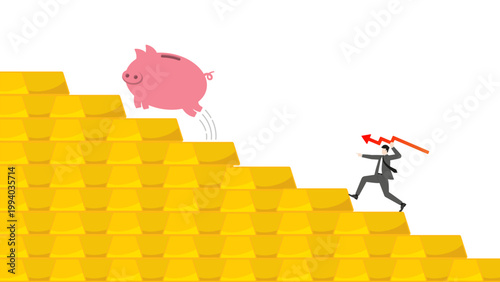 Businessman Hunting Piggy Bank Jumping Down on Falling Stack of Gold Bars Bar Graph with Red Arrow Spear Representing Gold Market Crash Financial Loss and Asset Devaluation