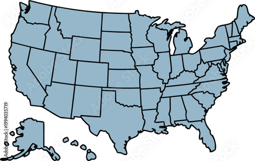 United States of America political map with states boundaries, blue color on transparent background.