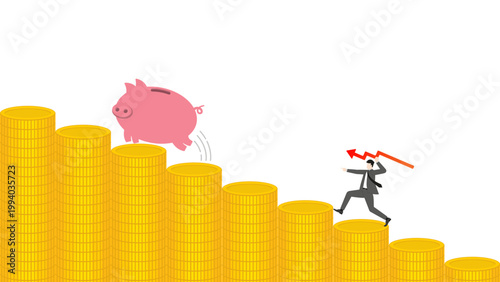 Businessman Hunting Piggy Bank Jumping Down on Falling Stack of Gold Coins Bar Graph with Red Arrow Spear Representing Savings Depletion Financial Loss and Economic Downturn