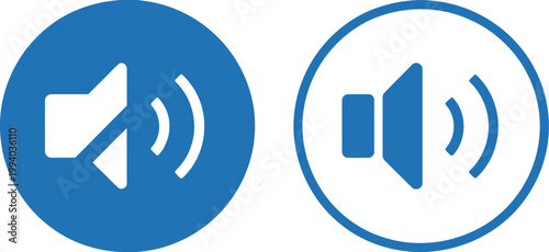 Audio volume icon set, minimal vector symbols showing mute and progressive sound levels for app interface media player and system controls.