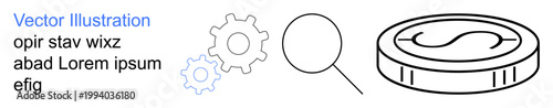 Analysis, finance, technology, mechanisms, economics, research. Line drawing of gears, magnifying glass and coin. Analysis and finance concepts via minimalistic symbols