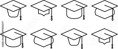 Eight black and white outline drawings of graduation caps ideal for educational materials, invitations, greeting cards, and celebratory designs.
