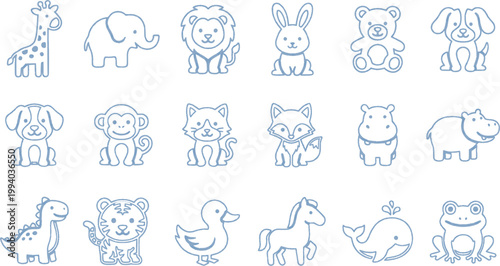 Hand-drawn whimsical animal doodles for children's branding and educational materials. Simple monoline naive sketches of zoo and farm creatures.
