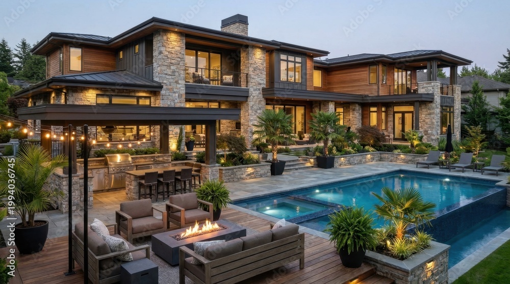 Fototapeta premium A luxurious modern mansion at dusk with a swimming pool, outdoor seating, and fire pit.