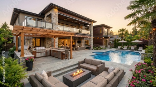 Elegant modern mansion with expansive backyard, featuring a pool, outdoor kitchen, and fire pit lounge.