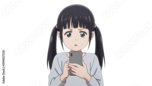 A young anime-style character with short black hair and bangs covering her eyes while holding a smartphone up to her face in a thoughtful pose Vector