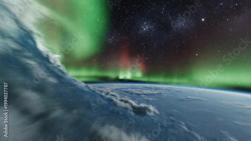 Aerial drone footage of a stunning ocean wave under the aurora borealis at night