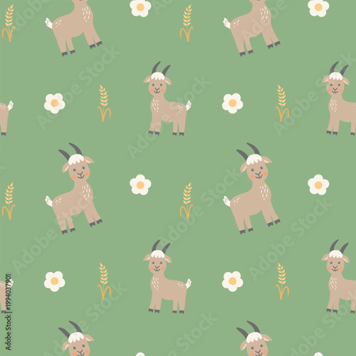 Cute goat seamless pattern on green background, kids farm design