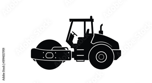 Black silhouette of a road roller construction vehicle on a white background