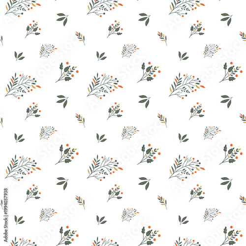 Scandinavian seamless botanical pattern with leaves and berries