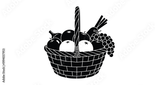 A black and white illustration of a woven basket filled with various fruits