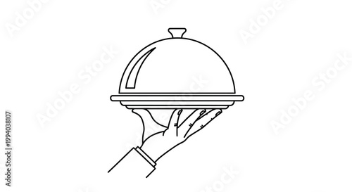 Line drawing of a hand presenting a covered serving dish