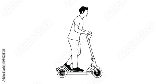 A man rides a scooter in a simple black and white line drawing