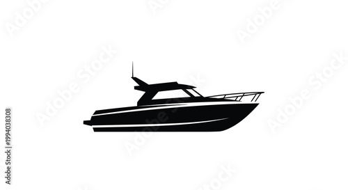 Silhouette of a sleek motorboat against a plain white background