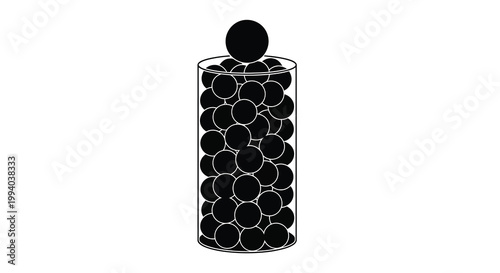 A clear cylindrical jar filled with numerous black circular objects