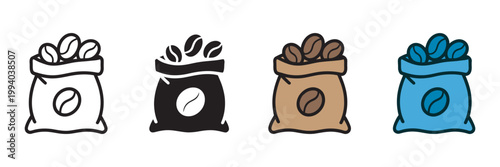 Coffee bean sack icon set, wholesale coffee supply, organic farm harvest roasted bean storage symbols vector illustration
