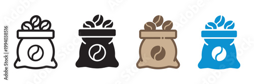 Coffee bean sack icon set, wholesale coffee supply, organic farm harvest roasted bean storage symbols vector illustration
