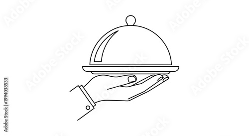 A single line drawing of a hand presenting a covered serving dish
