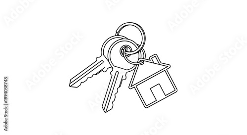 Line drawing of keys with a house shaped keychain attached