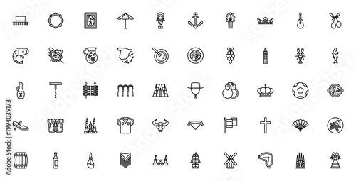 Spanish Traditional Elements icon set. Vector symbols of Hat, Tambourine, Paella, Guitar, Bull, Flamenco Dress, Sangria, Olives, and more. Editable stroke collection.