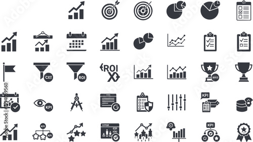 KPI metrics analytics performance solid icon set including charts ROI dashboard monitoring statistics business vector collection