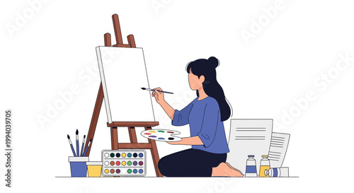Woman painting on an easel with brushes.