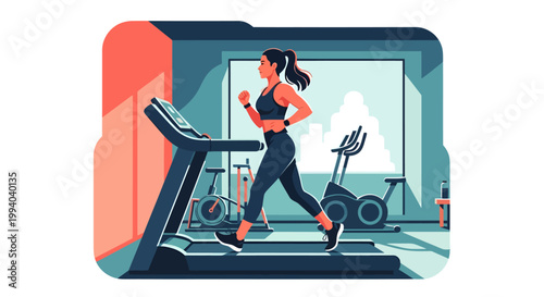 Woman runs on treadmill in gym with exercise bikes and city view through window