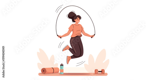 Woman jumping rope with fitness gear on gym floor