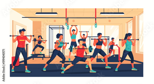 People exercising with weights in a gym, performing various fitness routines and workouts.