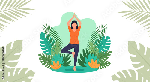 Woman practices yoga in a serene jungle environment with lush greenery around her.