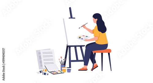 Woman sitting at an easel painting.