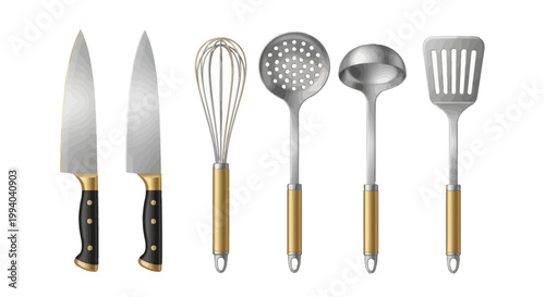 Professional Stainless Steel Kitchen Utensils with Gold Handles