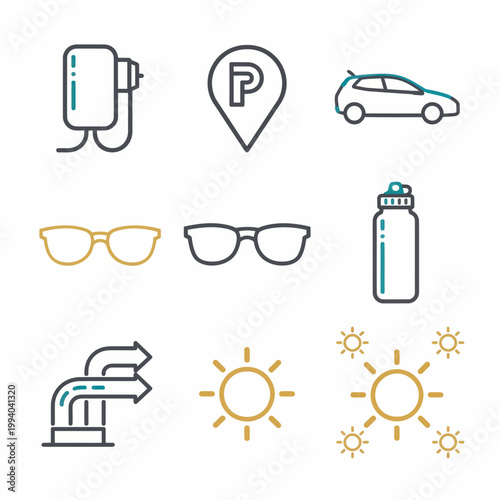 Electric car charging station, parking, and sunglasses symbols