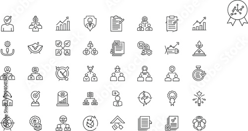 Business leadership strategy teamwork line icon set including growth collaboration organization achievement planning outline vector collection