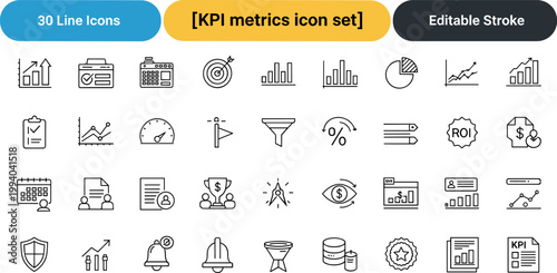 KPI metrics analytics performance line icon set including charts dashboard ROI monitoring statistics editable stroke vector collection
