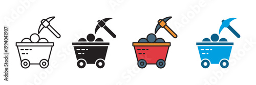 Coal mine cart icon set, pickaxe mining tool, industrial mineral extraction fossil fuel resource symbols vector illustration
