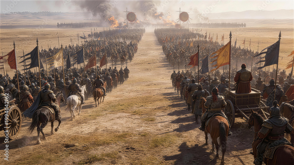 Obraz premium Clash of Empires: A vast army clashes on a desolate battlefield, banners raised, chariots poised, the ground trembling with the anticipation of war, a scene of epic scale and ancient strategy.
